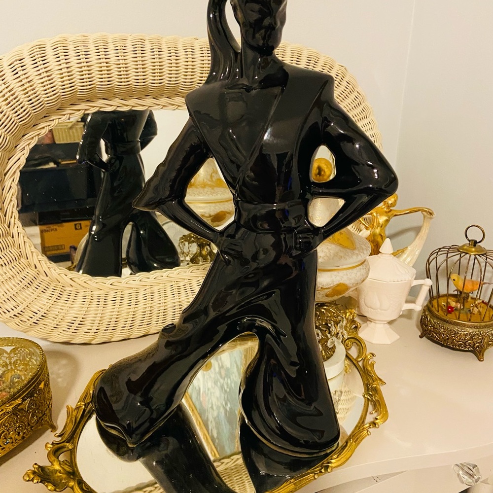 Amazingly Large Vintage Art Deco Style Black Mid Century Ceramic  Asian Figure